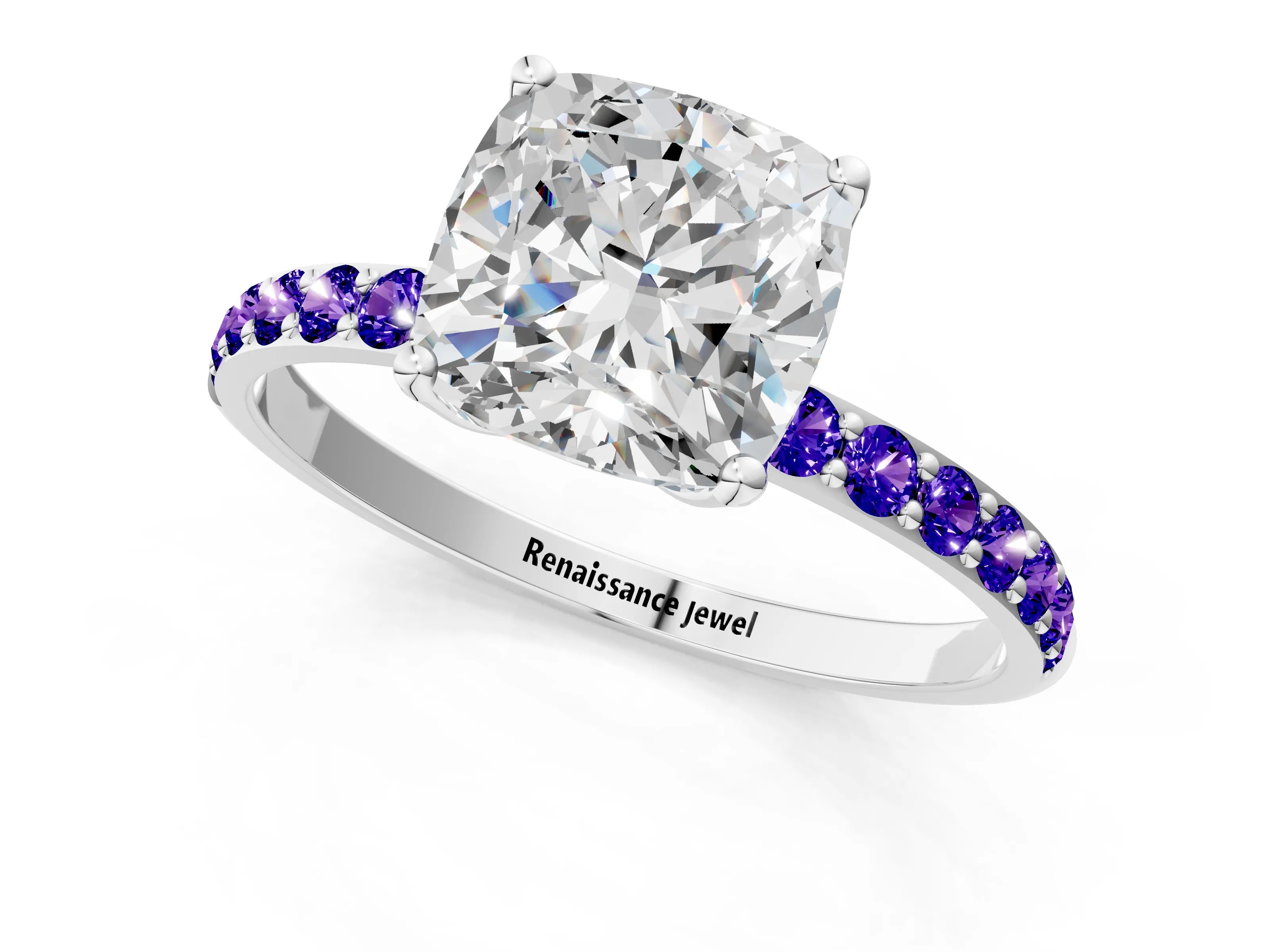 White gold Cushion Cut Diamond Solitaire Engagement Ring with Round with Tanzanite side stone Pavé Band and Prong Setting_1