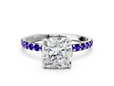 White gold Cushion Cut Diamond Solitaire Engagement Ring with Round with Tanzanite side stone Pavé Band and Prong Setting_12