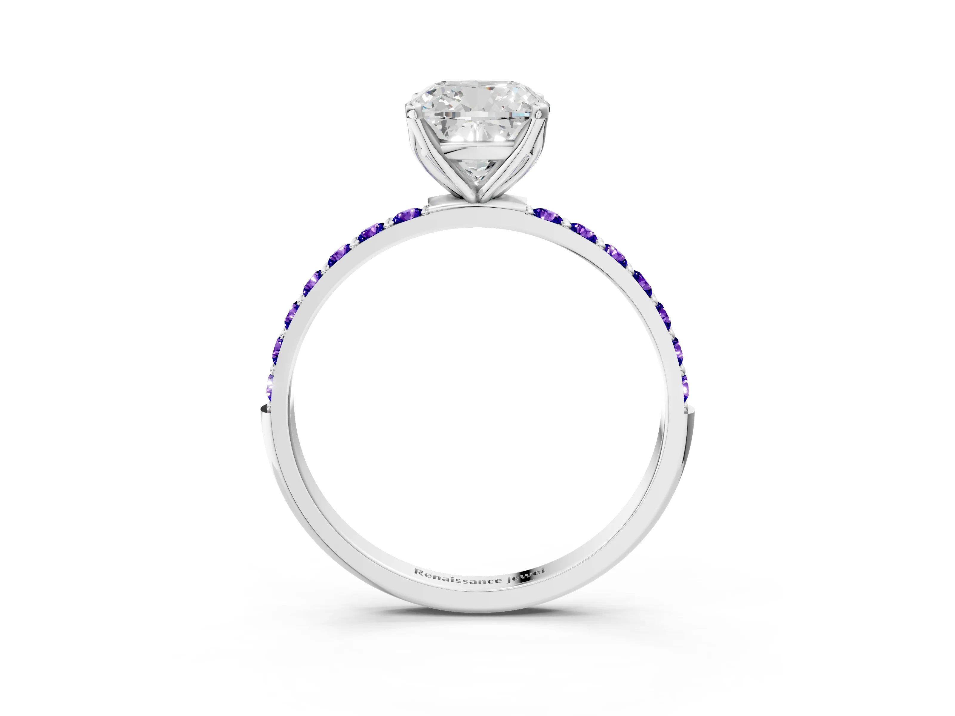 White gold Cushion Cut Diamond Solitaire Engagement Ring with Round with Tanzanite side stone Pavé Band and Prong Setting_15