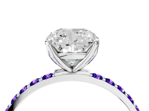 White gold Cushion Cut Diamond Solitaire Engagement Ring with Round with Tanzanite side stone Pavé Band and Prong Setting_16