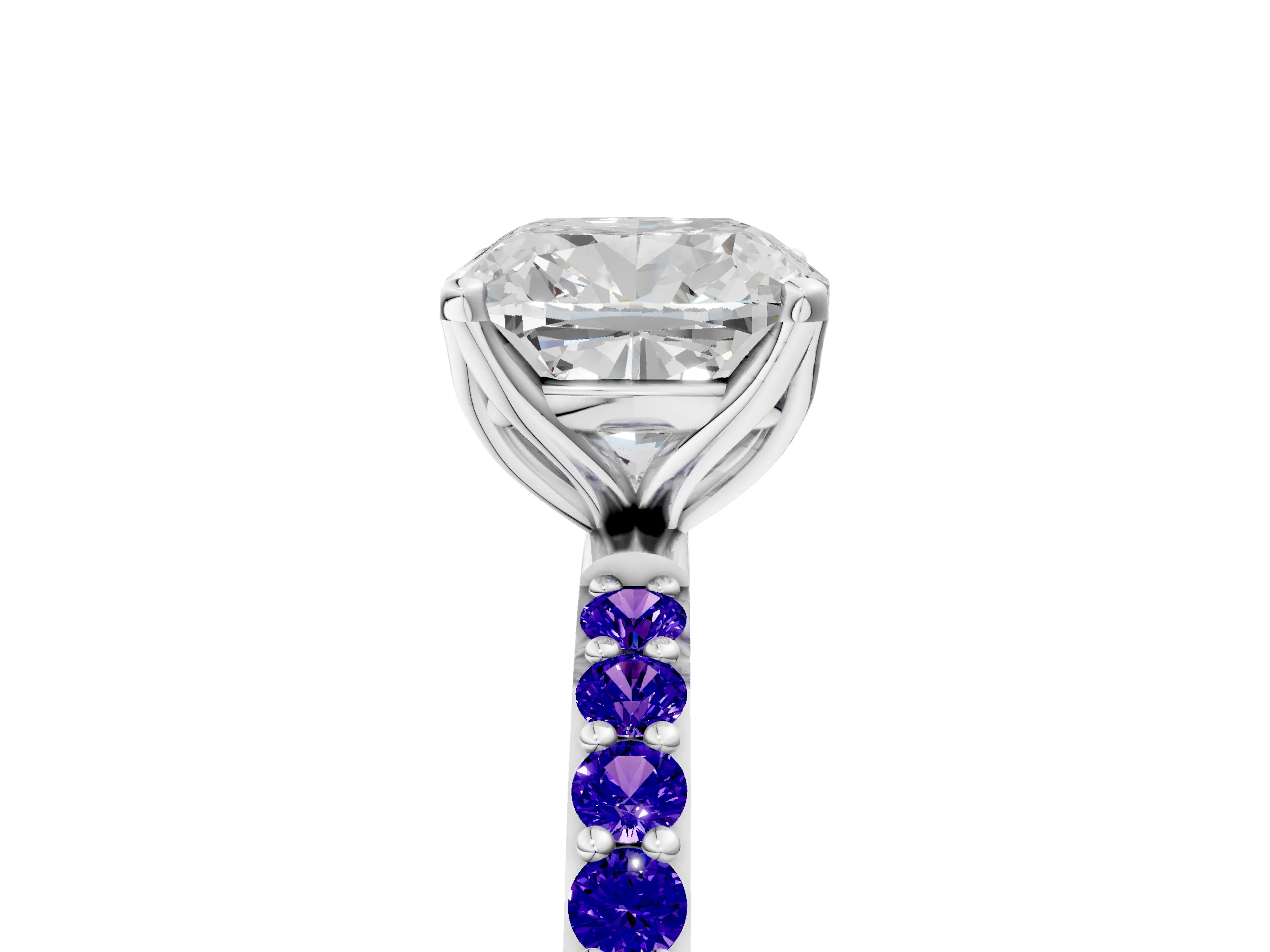 White gold Cushion Cut Diamond Solitaire Engagement Ring with Round with Tanzanite side stone Pavé Band and Prong Setting_17