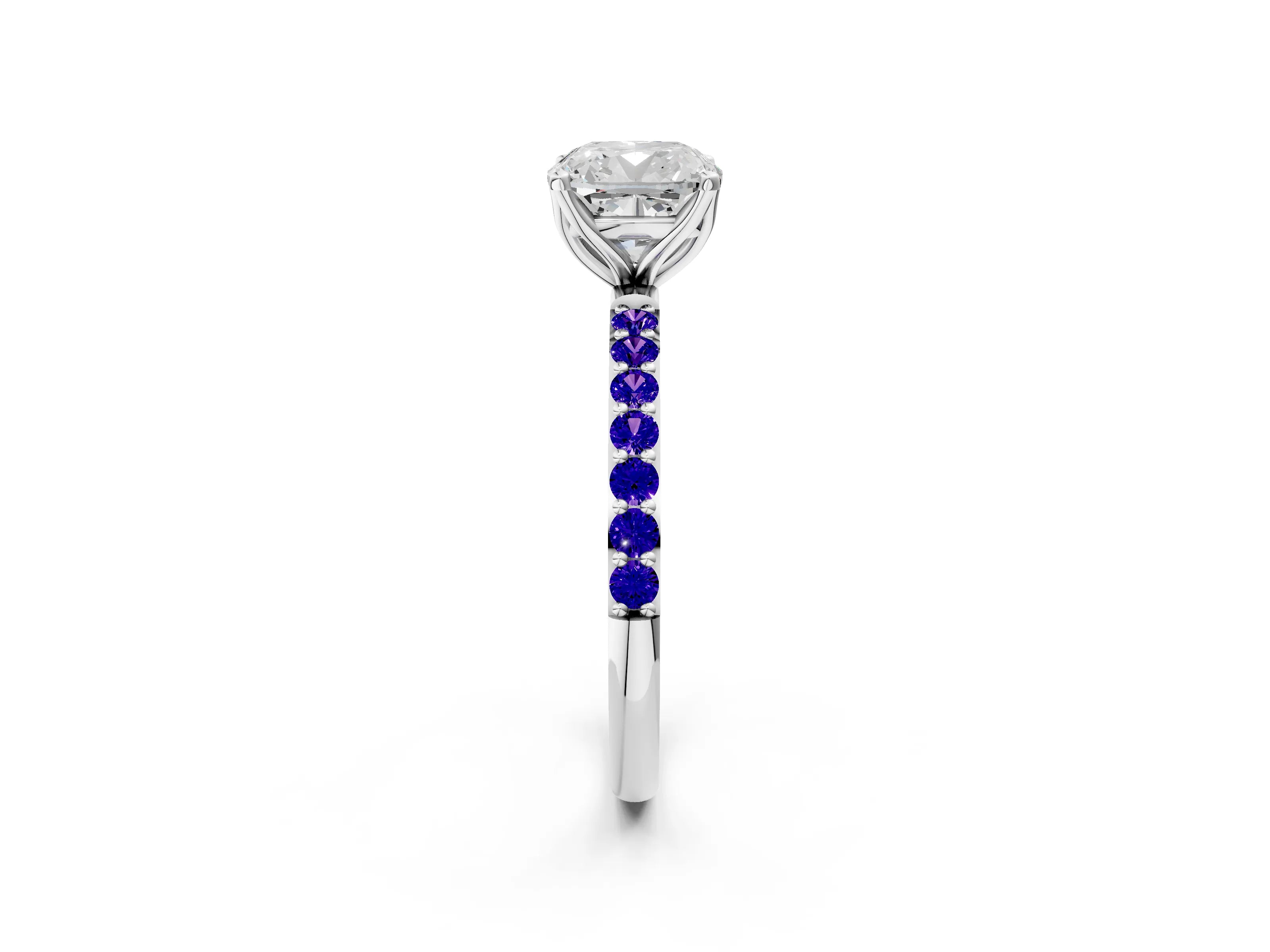 White gold Cushion Cut Diamond Solitaire Engagement Ring with Round with Tanzanite side stone Pavé Band and Prong Setting_2