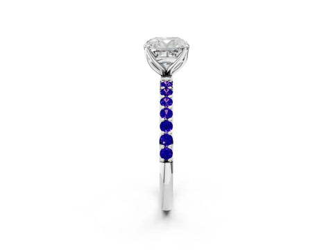 White gold Cushion Cut Diamond Solitaire Engagement Ring with Round with Tanzanite side stone Pavé Band and Prong Setting_2