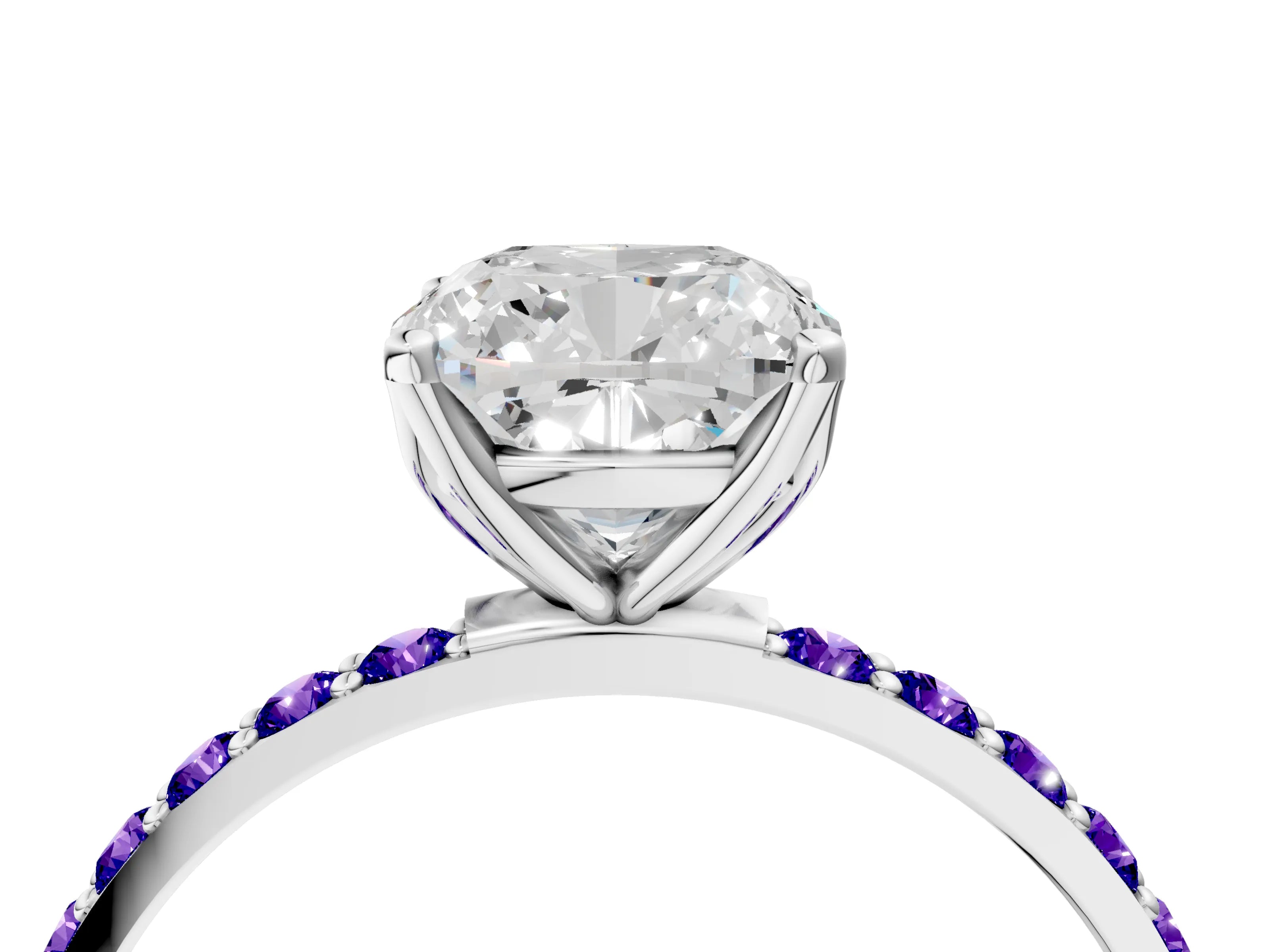 White gold Cushion Cut Diamond Solitaire Engagement Ring with Round with Tanzanite side stone Pavé Band and Prong Setting_4