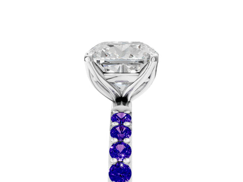 White gold Cushion Cut Diamond Solitaire Engagement Ring with Round with Tanzanite side stone Pavé Band and Prong Setting_5