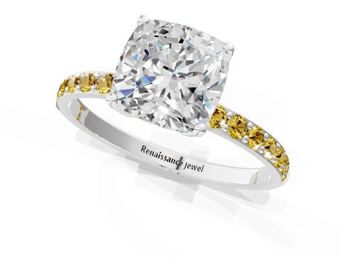 White gold Cushion Cut Diamond Solitaire Engagement Ring with Round with Yellow Sapphire side stone Pavé Band and Prong Setting_13