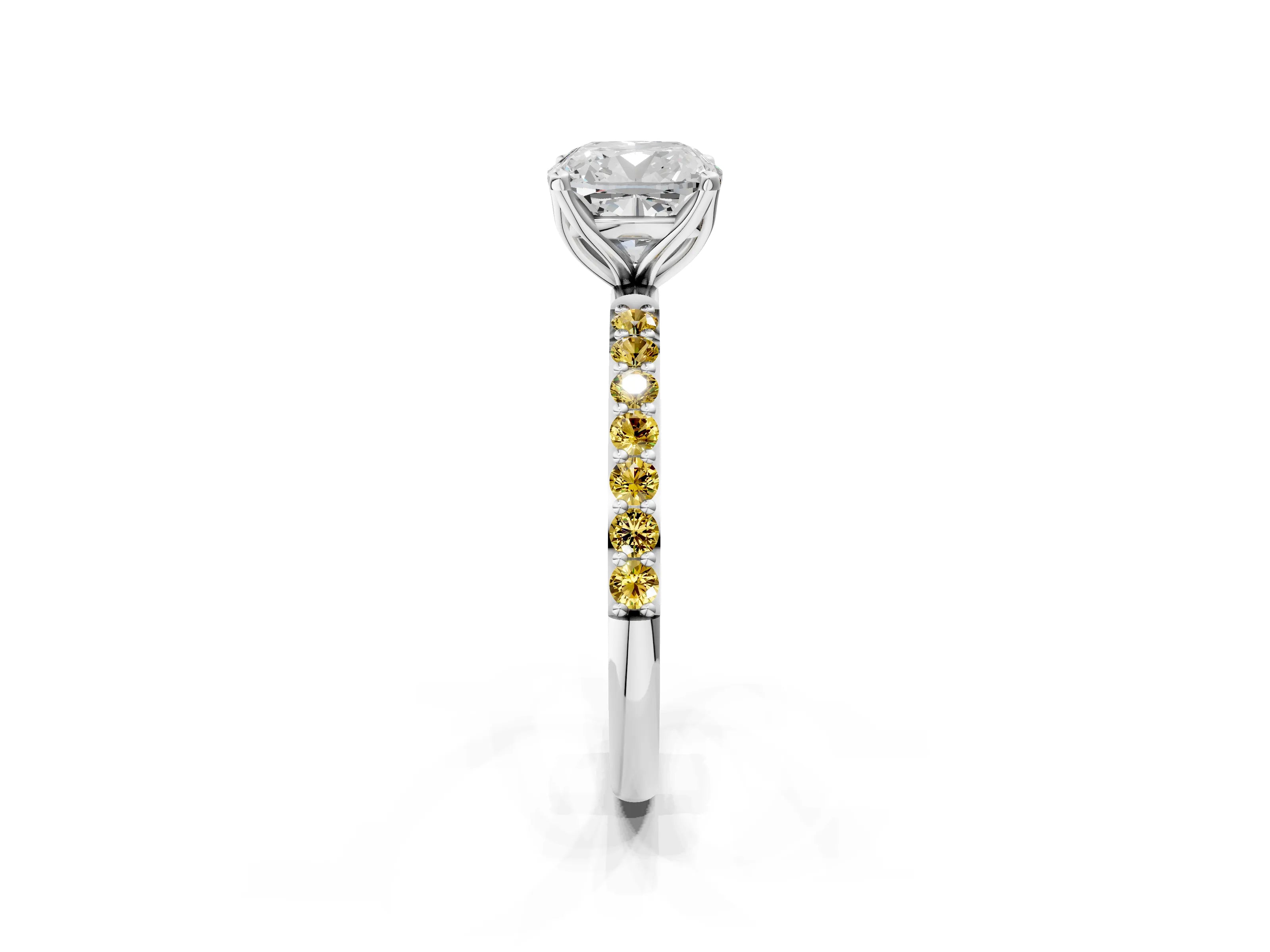White gold Cushion Cut Diamond Solitaire Engagement Ring with Round with Yellow Sapphire side stone Pavé Band and Prong Setting_14