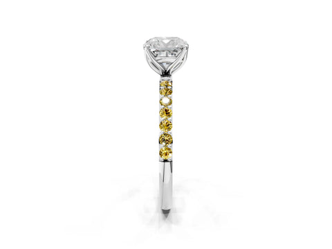 White gold Cushion Cut Diamond Solitaire Engagement Ring with Round with Yellow Sapphire side stone Pavé Band and Prong Setting_14