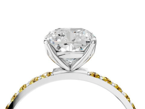 White gold Cushion Cut Diamond Solitaire Engagement Ring with Round with Yellow Sapphire side stone Pavé Band and Prong Setting_16