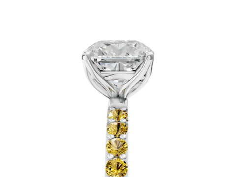 White gold Cushion Cut Diamond Solitaire Engagement Ring with Round with Yellow Sapphire side stone Pavé Band and Prong Setting_17