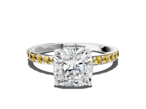 White gold Cushion Cut Diamond Solitaire Engagement Ring with Round with Yellow Sapphire side stone Pavé Band and Prong Setting_24