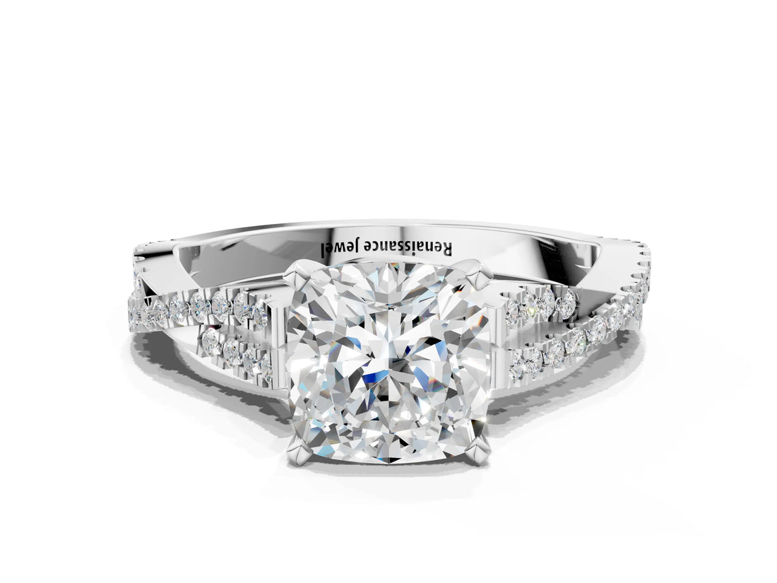 White gold Cushion Cut Diamond Solitaire Engagement Ring with Twisted Pavé Band and Four-Prong Setting_67