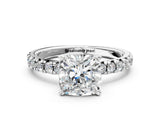 White gold Cushion Cut Diamond Solitaire Pavé Engagement Ring with Round Band and Prong Setting_13