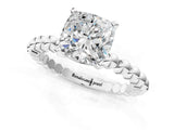 White gold Cushion Cut Diamond Solitaire Ring with Beaded Band and Prong Setting_309