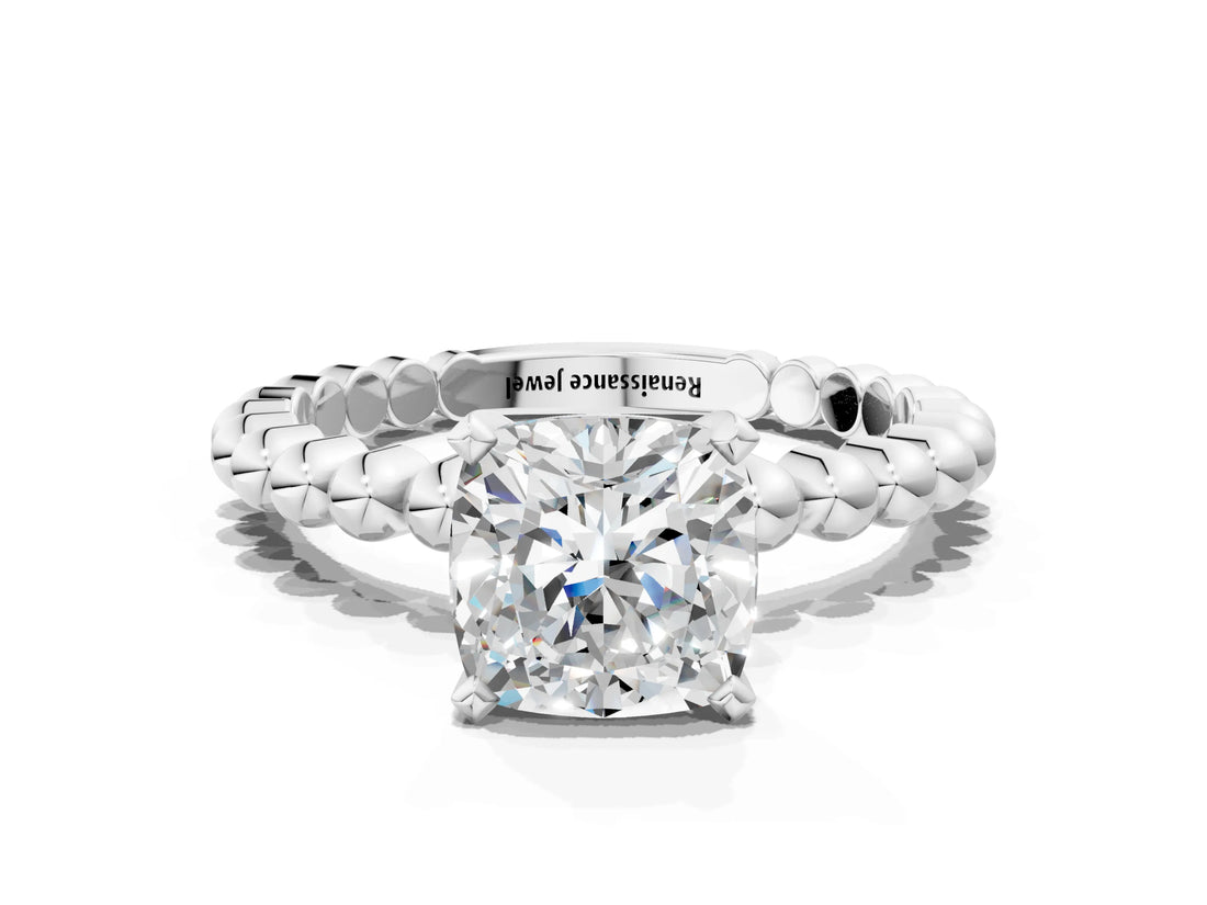 White gold Cushion Cut Diamond Solitaire Ring with Beaded Band and Prong Setting_315