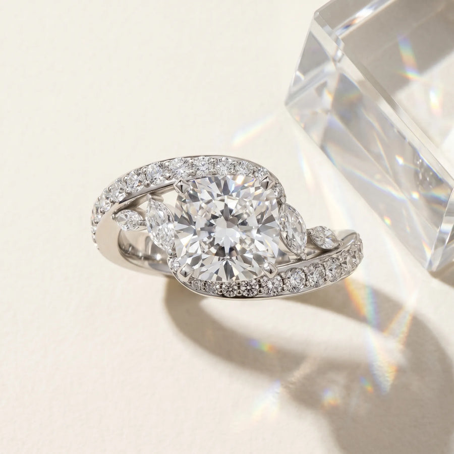 White gold Cushion Cut Diamond Solitaire Ring with Filigree Band and Four-Prong Setting
