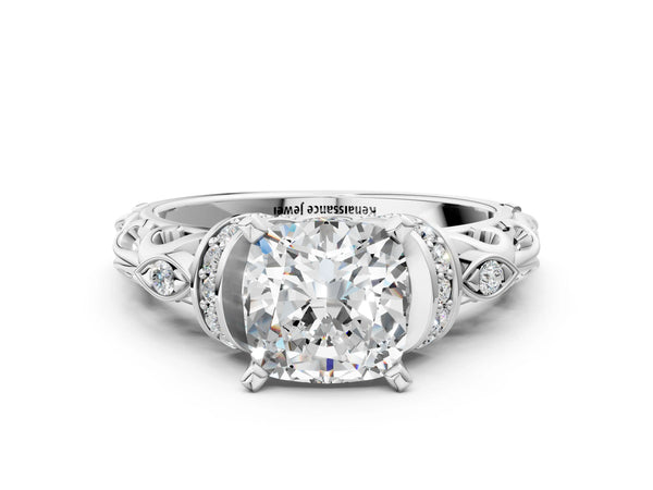 White gold Cushion Cut Diamond Solitaire Ring with Filigree Band and Four-Prong Setting