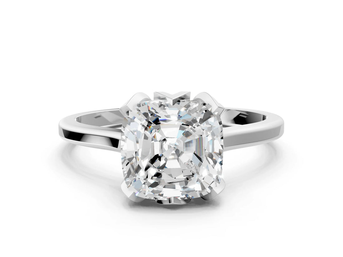 White gold Cushion Cut Diamond Solitaire Ring with Flower Prong Setting and Classic Band_306