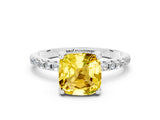 White gold Cushion Cut Diamond Solitaire Ring with Four-Prong Setting and Pavé Band