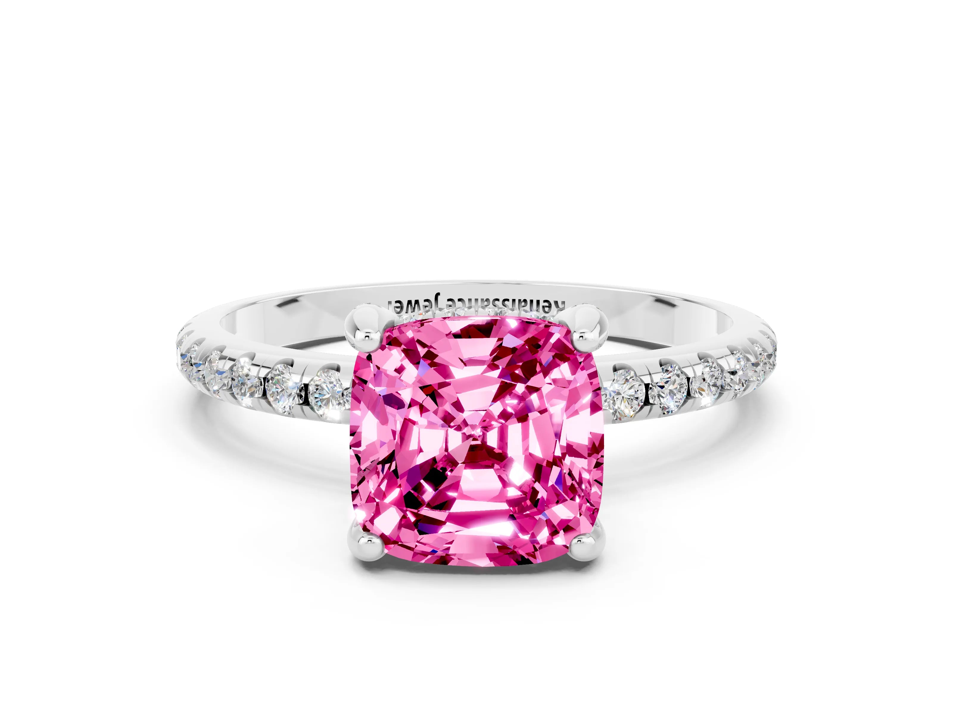 White gold Cushion Cut Diamond Solitaire Ring with Four-Prong Setting and Pavé Band