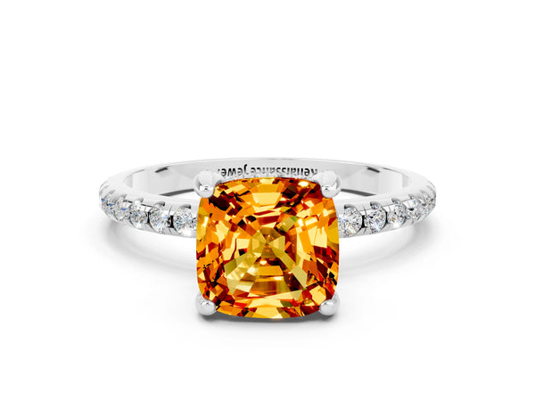 White gold Cushion Cut Citrine Hidden Halo Engagement Ring with Round Pavé Band and Prong Setting
