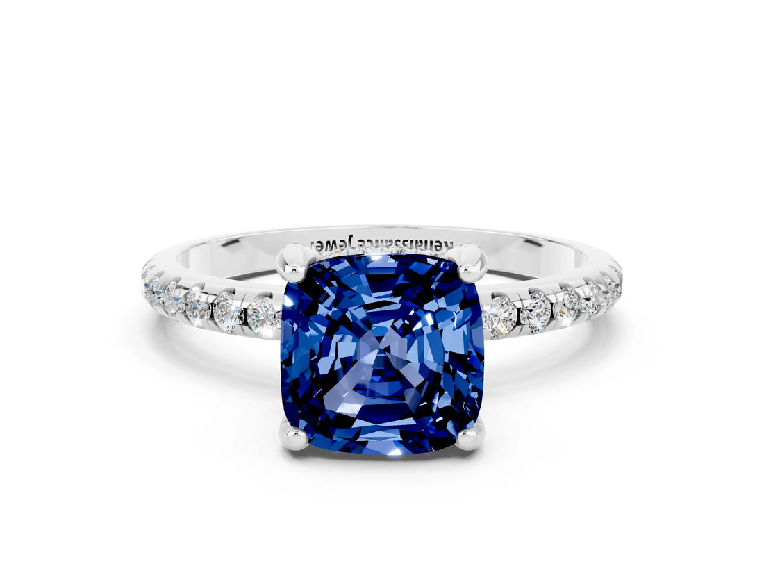 White gold Cushion Cut Diamond Solitaire Ring with Four-Prong Setting and Pavé Band