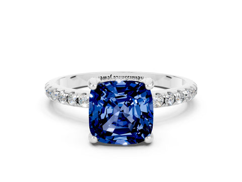 White gold Cushion Cut Diamond Solitaire Ring with Four-Prong Setting and Pavé Band