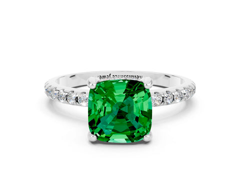 White gold Cushion Cut Diamond Solitaire Ring with Four-Prong Setting and Pavé Band