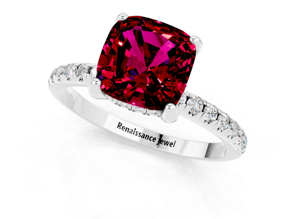 Silver Cushion Cut Garnet Hidden Halo Engagement Ring with Round Pavé Band and Prong Setting