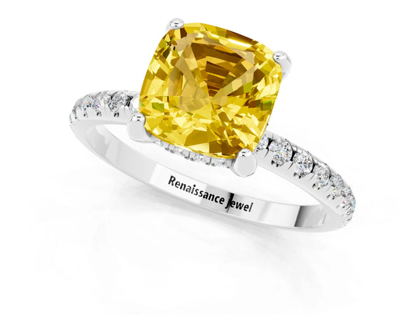 White gold Cushion Cut Yellow Sapphire Hidden Halo Engagement Ring with Round Pavé Band and Prong Setting