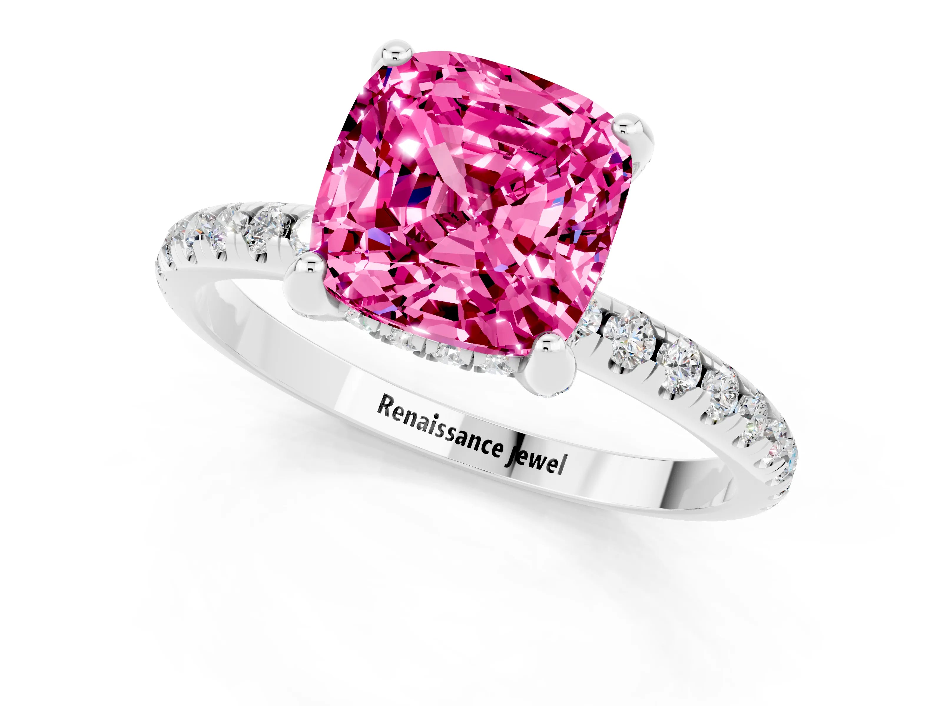 White gold Cushion Cut Diamond Solitaire Ring with Four-Prong Setting and Pavé Band_1