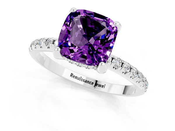 Silver Cushion Cut Amethyst Hidden Halo Engagement Ring with Round Pavé Band and Prong Setting