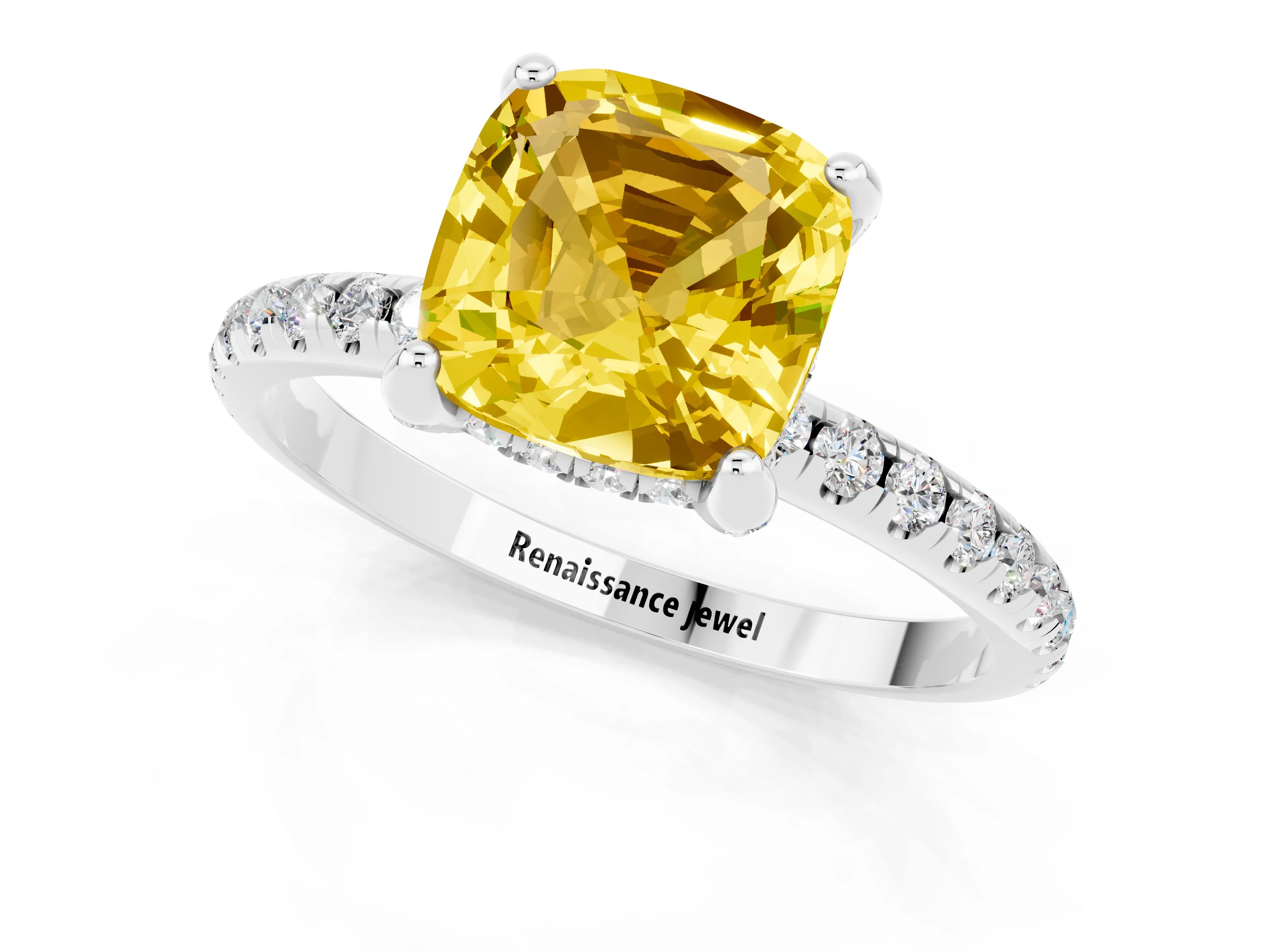 White gold Cushion Cut Diamond Solitaire Ring with Four-Prong Setting and Pavé Band_1