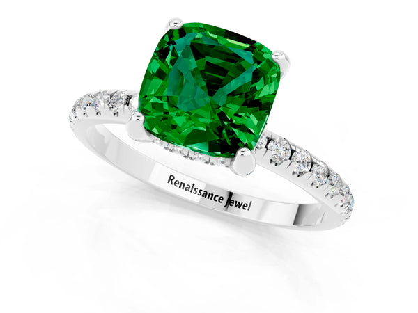 White gold Cushion Cut Emerald Hidden Halo Engagement Ring with Round Pavé Band and Prong Setting