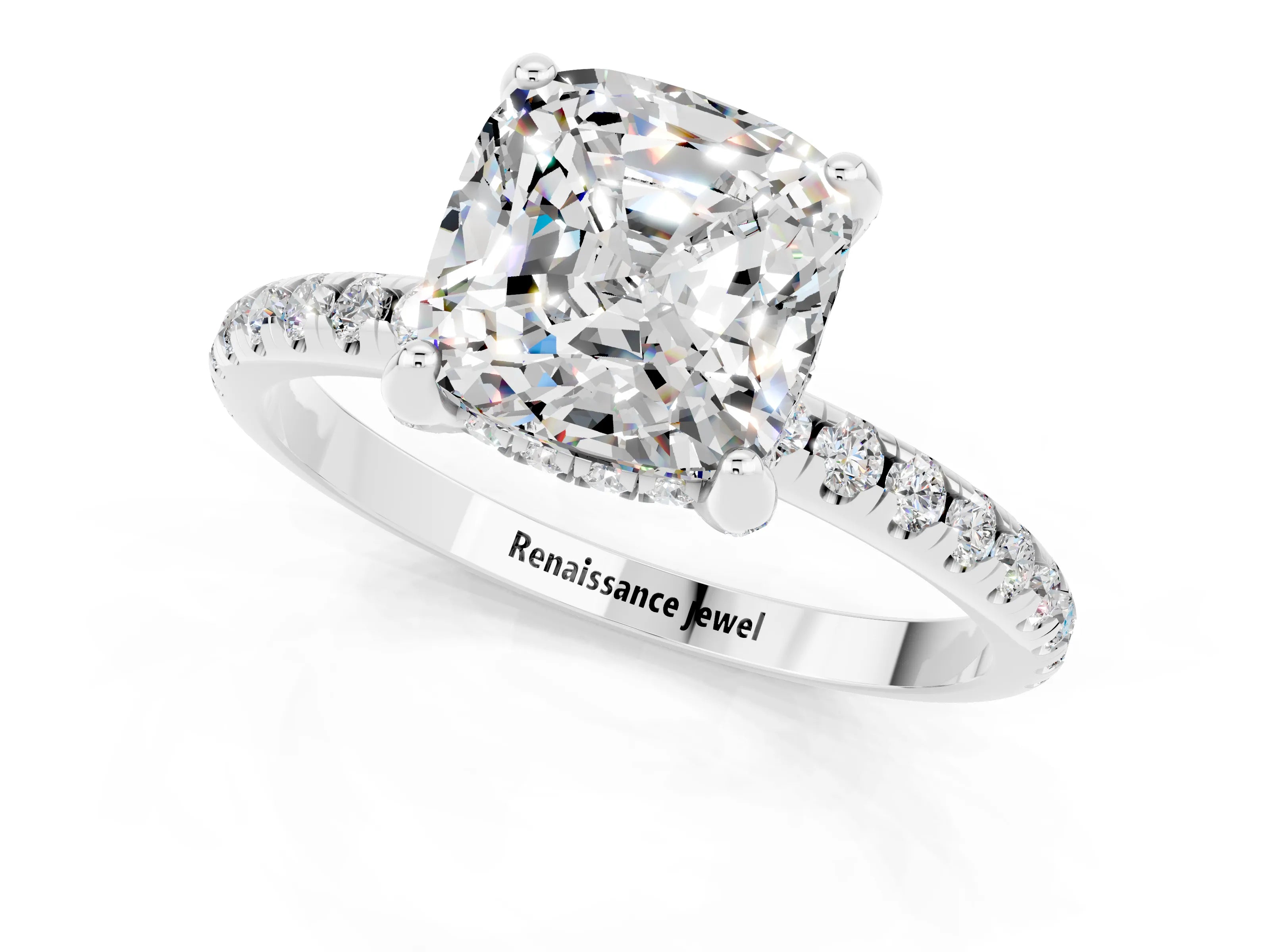 White gold Cushion Cut Diamond Solitaire Ring with Four-Prong Setting and Pavé Band_1