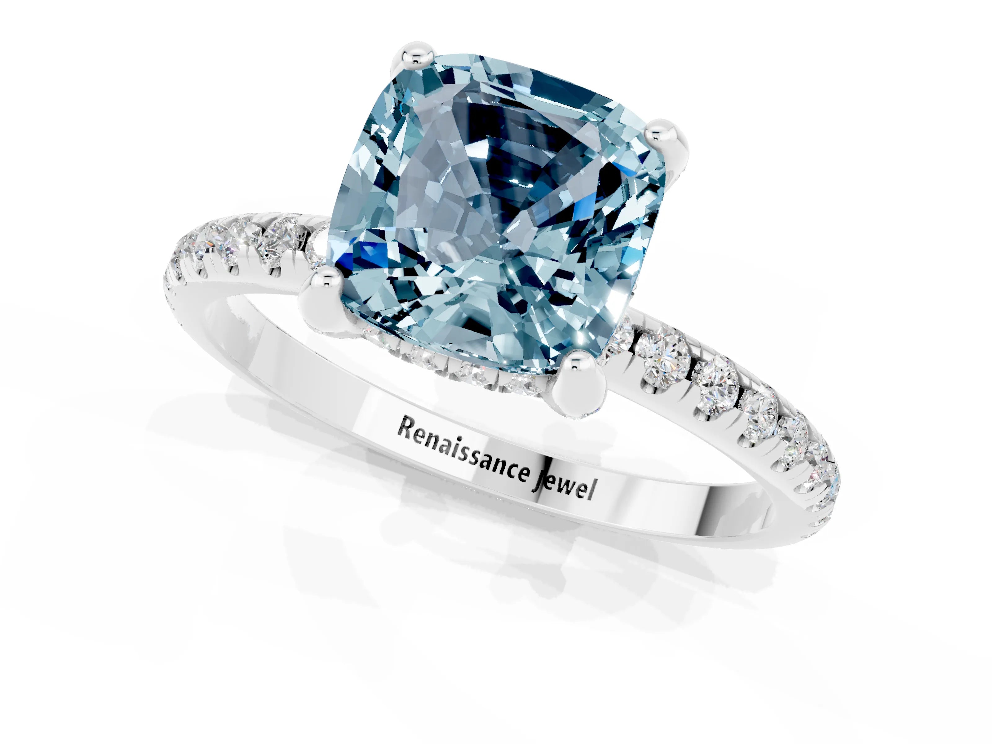 White gold Cushion Cut Diamond Solitaire Ring with Four-Prong Setting and Pavé Band_1