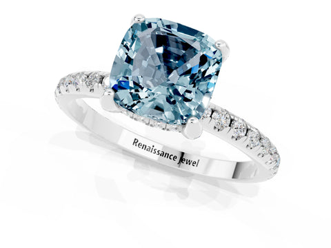 White gold Cushion Cut Diamond Solitaire Ring with Four-Prong Setting and Pavé Band_1