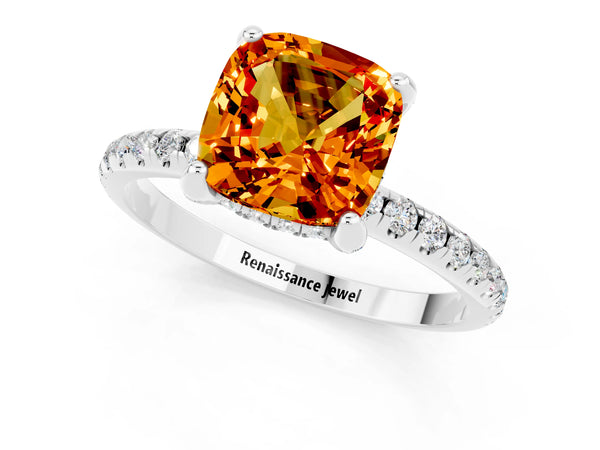 White gold Cushion Cut Citrine Hidden Halo Engagement Ring with Round Pavé Band and Prong Setting