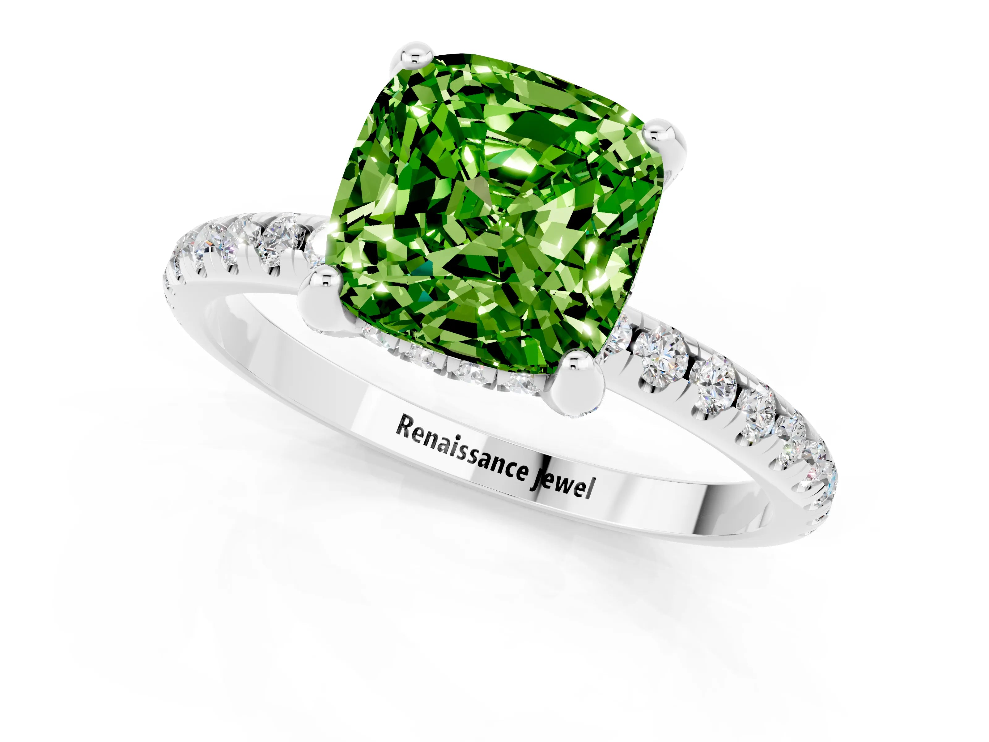 White gold Cushion Cut Diamond Solitaire Ring with Four-Prong Setting and Pavé Band_1