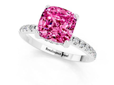 White gold Cushion Cut Diamond Solitaire Ring with Four-Prong Setting and Pavé Band_1
