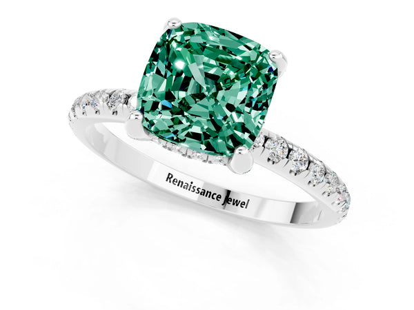 Silver Cushion Cut Green Sapphire Hidden Halo Engagement Ring with Round Pavé Band and Prong Setting