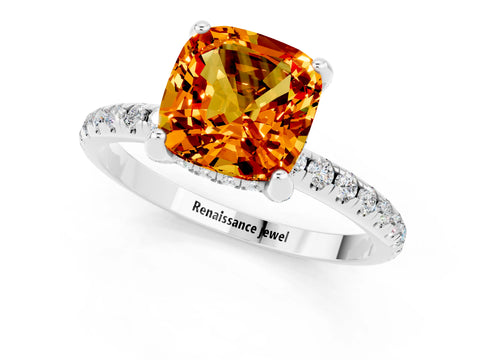 White gold Cushion Cut Diamond Solitaire Ring with Four-Prong Setting and Pavé Band_1