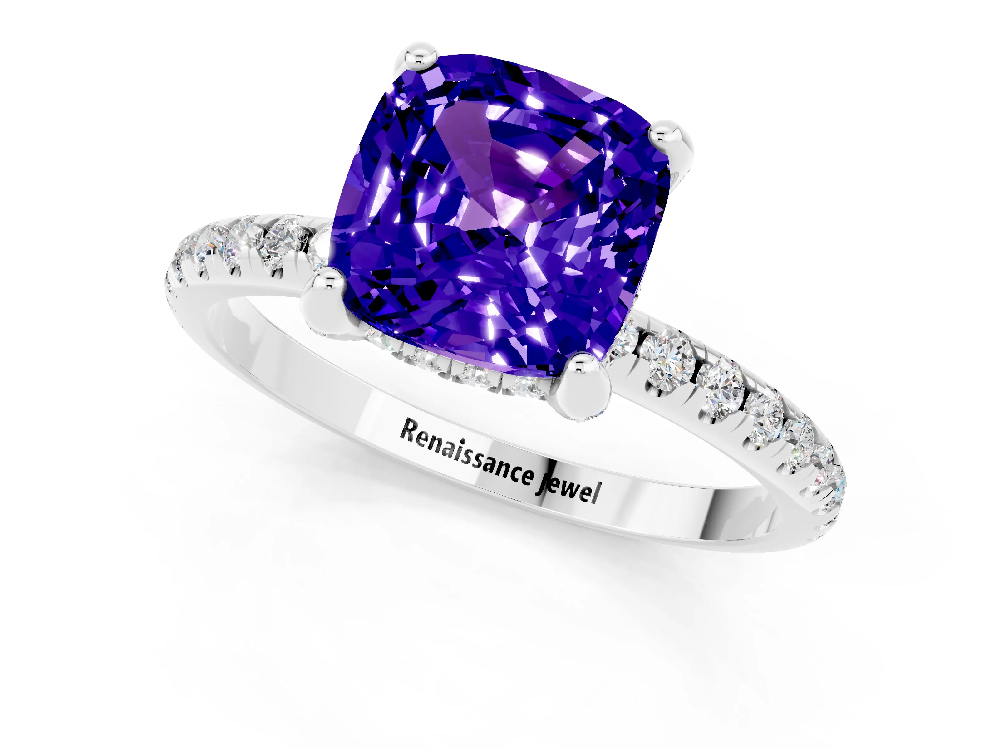 White gold Cushion Cut Diamond Solitaire Ring with Four-Prong Setting and Pavé Band_1