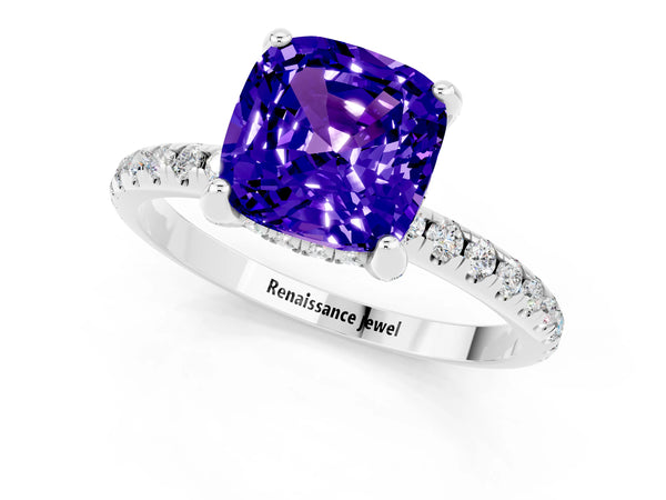 Platinum Cushion Cut Tanzanite Hidden Halo Engagement Ring with Round Pavé Band and Prong Setting