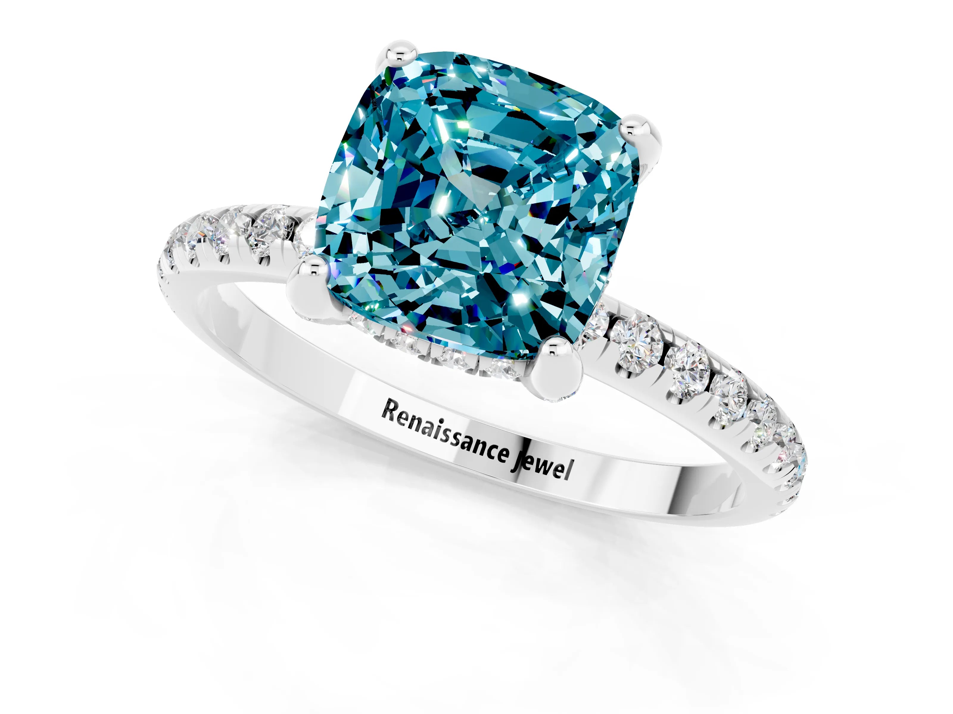 White gold Cushion Cut Diamond Solitaire Ring with Four-Prong Setting and Pavé Band_1