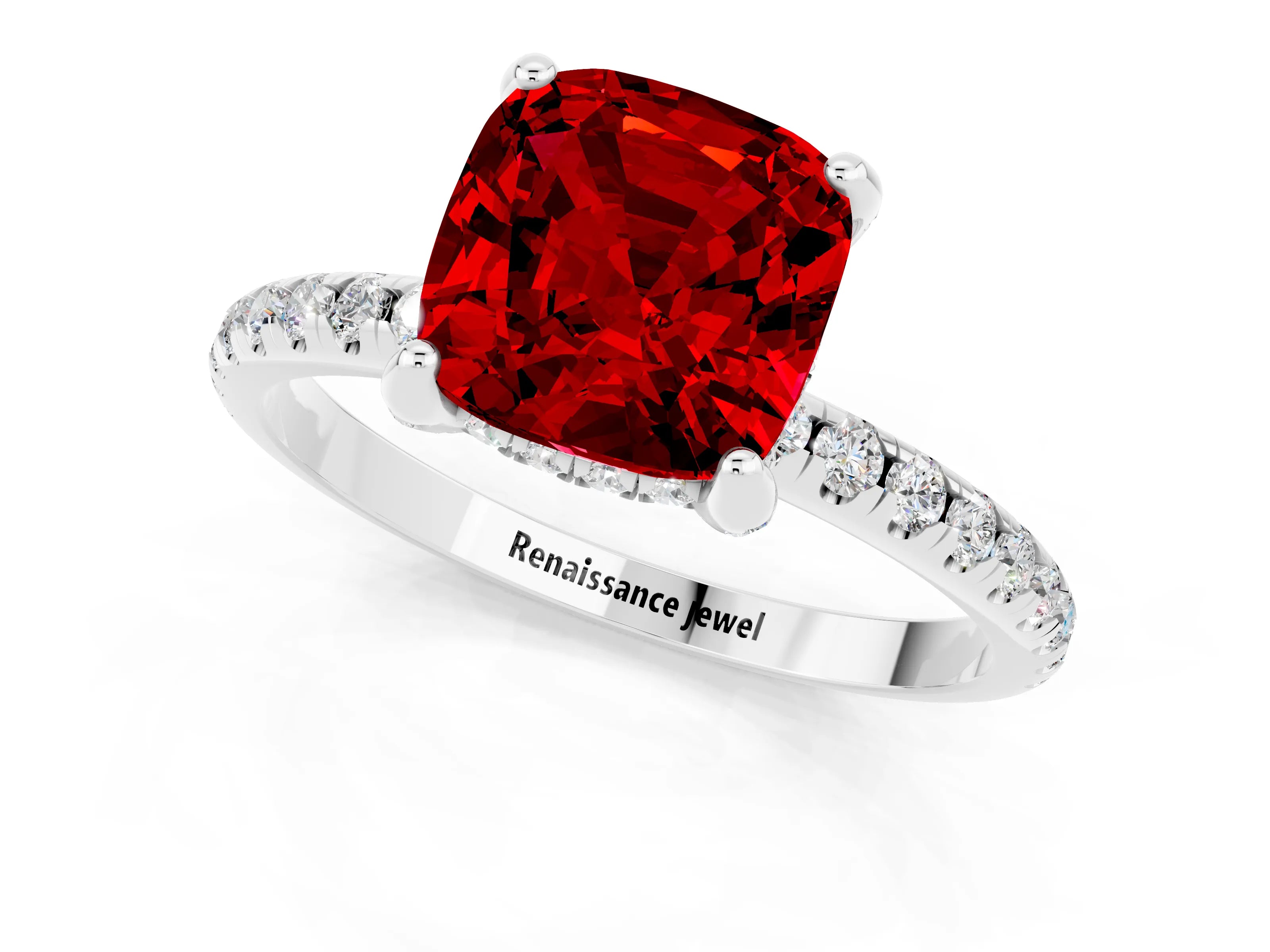 White gold Cushion Cut Diamond Solitaire Ring with Four-Prong Setting and Pavé Band_1