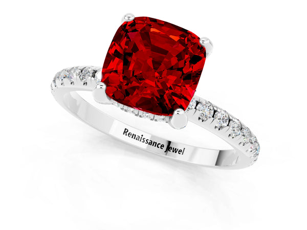White gold Cushion Cut Diamond Solitaire Ring with Four-Prong Setting and Pavé Band