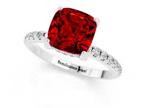 White gold Cushion Cut Diamond Solitaire Ring with Four-Prong Setting and Pavé Band_1