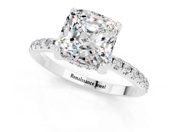 Platinum Cushion Cut Moissanite Hidden Halo Engagement Ring with Round Pavé Band and Prong Setting