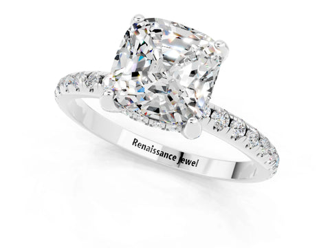 White gold Cushion Cut Diamond Solitaire Ring with Four-Prong Setting and Pavé Band_1